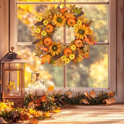 24 Inch Fall Wreath for Front Door Pumpkin Autumn Decor with Silk Leaves
