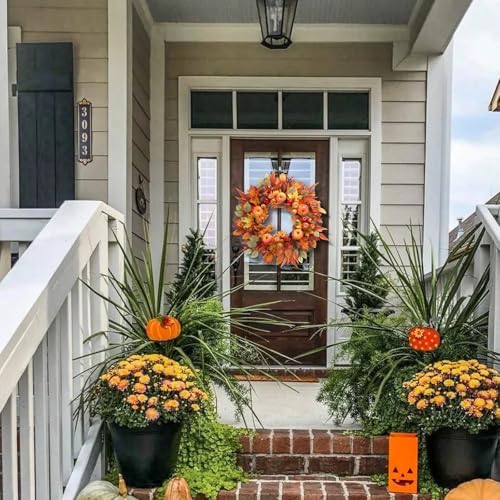 Fall Wreath for Front Door - 22 Inch Autumn Harvest Decor with Realistic Apples Berries Pomegranates and Maple Leaves