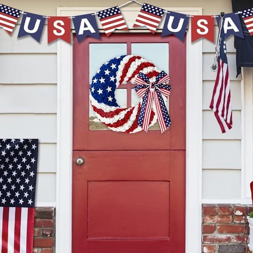 14 Inch 4th of July Patriotic Wreath with Artificial Roses