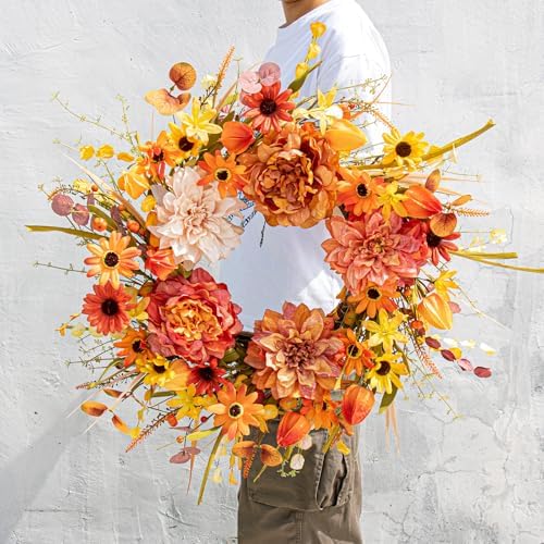 FloralElegance 22 Inch Fall Wreath with Five Dahlias