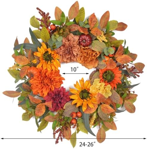 24-26 Inch Fall Wreath with Orange Artificial Pumpkin for Autumn Front Door Decor