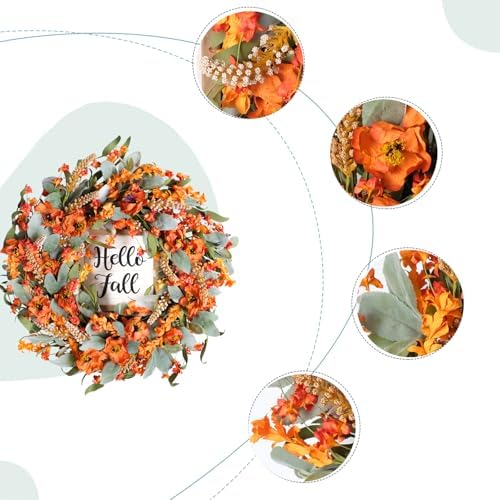 Bibelot Fall Wreaths 22 Inch Lambs Ears Leaves Yellow Flowers Hello Fall Sign Front Door Porch Farmhouse Decor