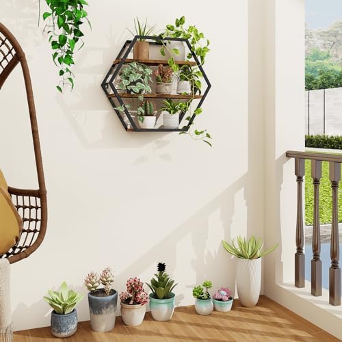 Hexagon Floating Shelves Decorative Wall Shelf Rustic Brown Black