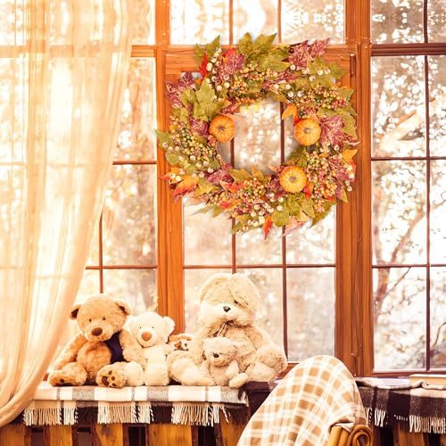 GENMOUS Fall Door Wreath with Pumpkins and Maple Leaves