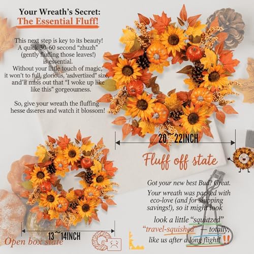 Pudate 22 Inch Fall Wreath with Sunflowers Pumpkins Pinecones Berries