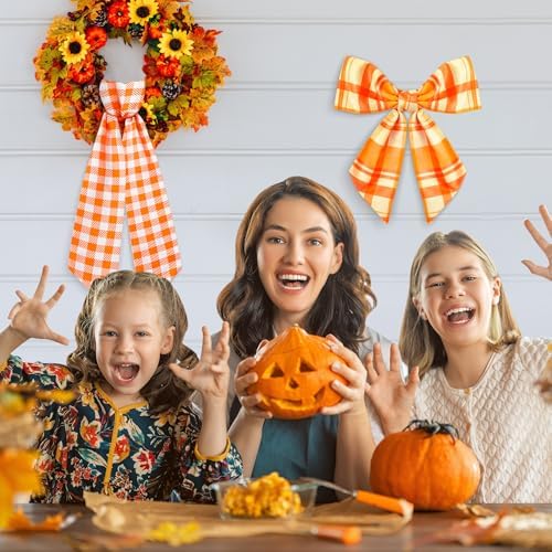 WATINC Autumn Orange Wreath Sash - 2pcs Fall Buffalo Check DIY Front Door Accessory