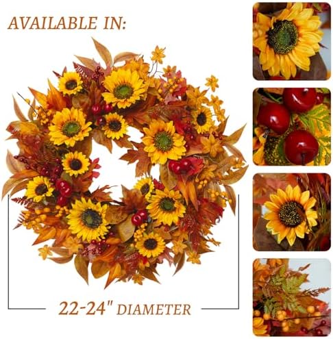 24 Inch Fall Wreath for Front Door - Autumn Decor with Sunflower Berries and Maple Leaves