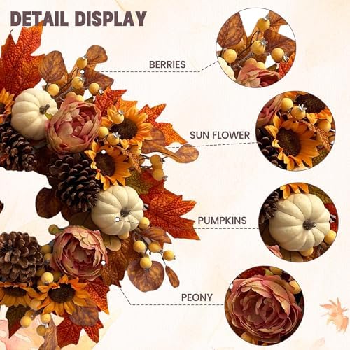 18 Inch Fall Wreath for Front Door Autumn Decor