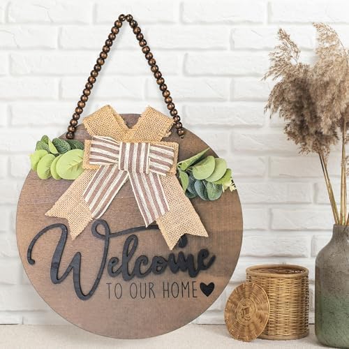 INTERHOMART 12 Inch Round Wood Welcome Wreath Front Door Decor