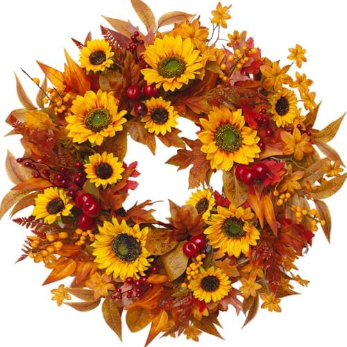 24 Inch Fall Wreath for Front Door - Autumn Decor with Sunflower Berries and Maple Leaves