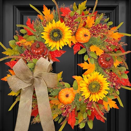 24-26 Inch Fall Wreath with Sunflowers Pumpkins Bows and Berries