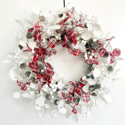 20 Inch White Eucalyptus Wreath with Red Plaid Leaves for Christmas and Winter Decor