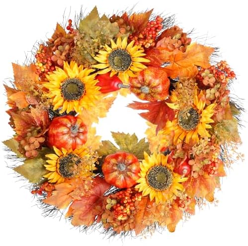 Fall Wreath with Pumpkins and Sunflowers 22 Inch Decor for Front Door