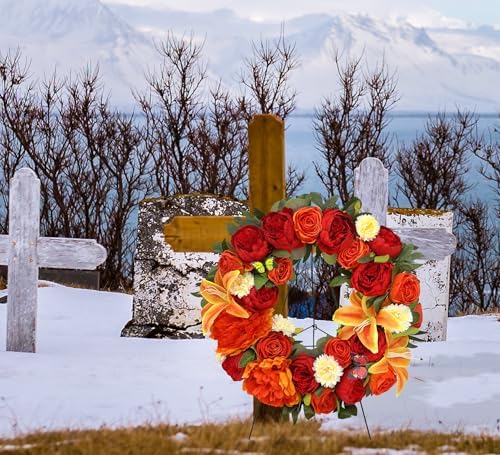 HENOMO Autumn Wreath with Stand 24 Inch Decorations for Gravesite