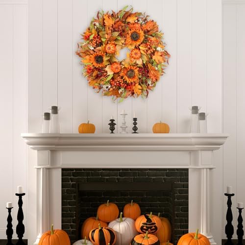 24 Inch Fall Wreath for Front Door Autumn Decor with Pumpkins Sunflowers Daisies Berries