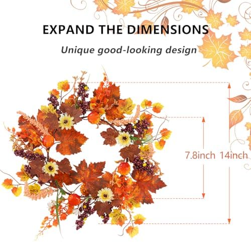 Fall Wreath for Front Door Artificial Autumn Maple Leaf Wreath with Pumpkins Berries 14 Inch Decor