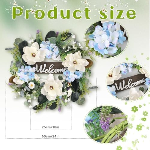 24 Inch Artificial White Magnolia Wreath for Front Door