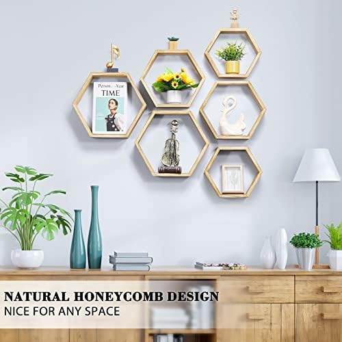 Set of 6 Wooden Hexagon Floating Shelves for Home Decor