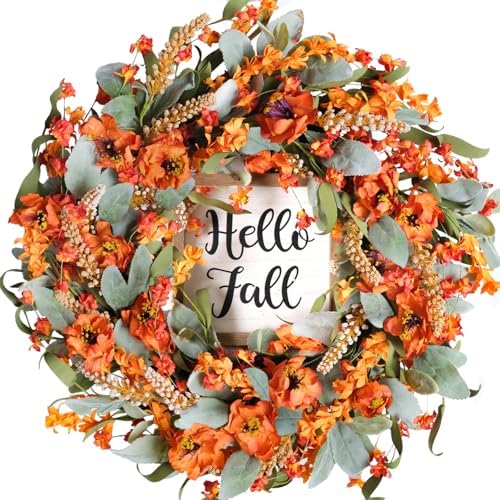 Bibelot Fall Wreaths 22 Inch Lambs Ears Leaves Yellow Flowers Hello Fall Sign Front Door Porch Farmhouse Decor