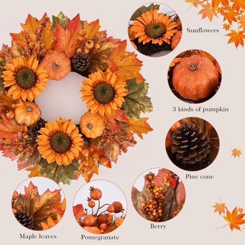 Fall Wreath Front Door 19 Inch Autumn Decor