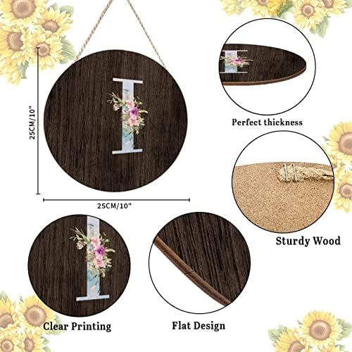 Farmhouse Door Hanger Blue Marble Floral Initial Letter I Wood Sign