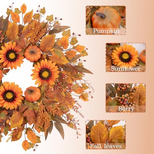 24 Inch Fall Wreath with Sunflowers and Pumpkins