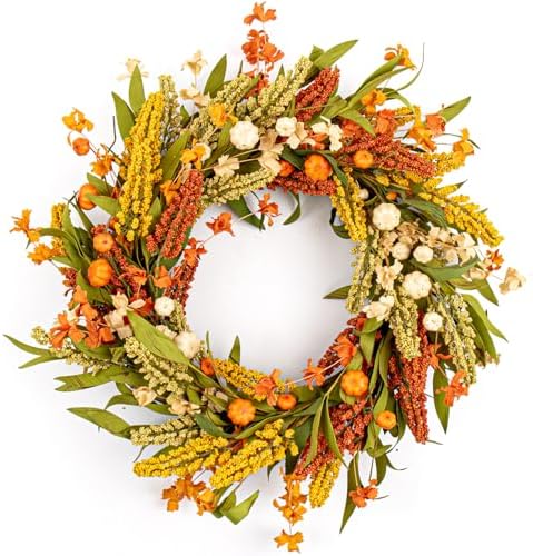 20 Inch Fall Wreath with Pumpkins Grain Ears Foliage