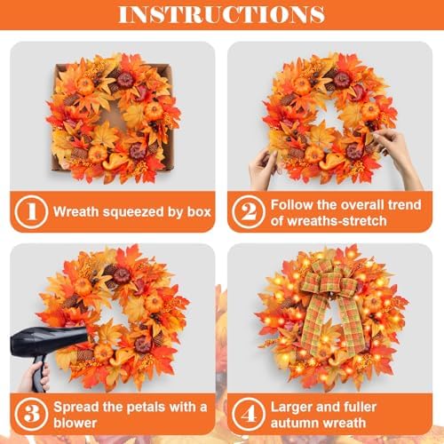 Heflashor 24 Inch Fall Door Wreath with Lights