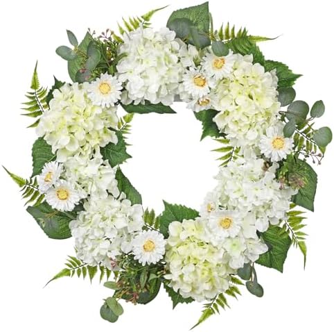 Briful 24 Inch Spring Wreath Realistic White Hydrangea Artificial Decor