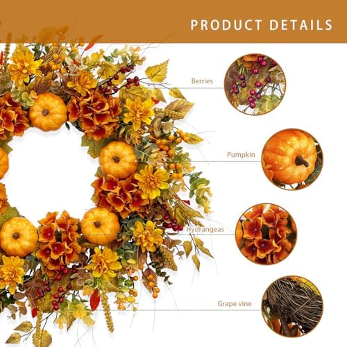 24 Inch Fall Door Wreath with Pumpkins and Hydrangeas