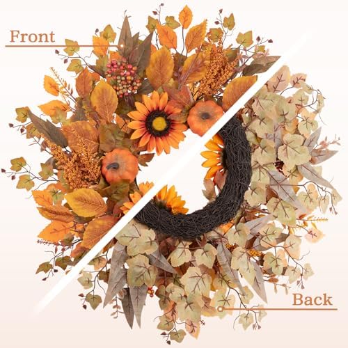 24 Inch Fall Wreath with Sunflowers and Pumpkins