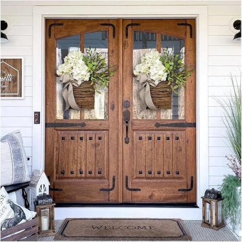 Cream Hydrangea Door Wreath with Rattan Basket and Burlap Bow