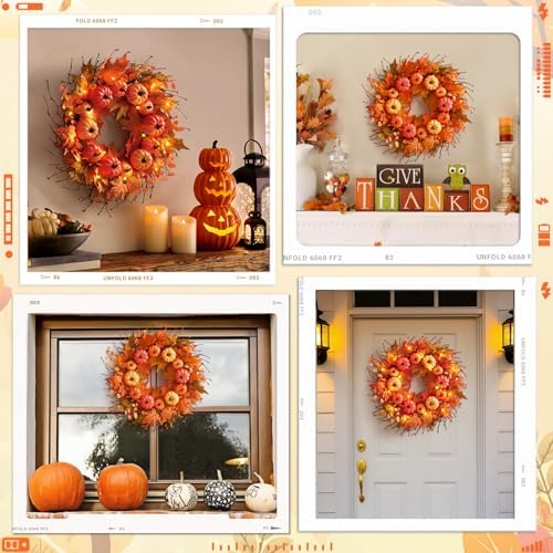 Fall Wreath for Front Door with Pumpkins Leaves 20 Inch Autumn Decor