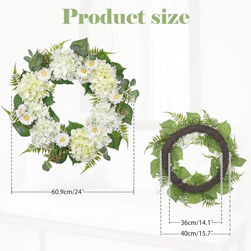 Briful 24 Inch Spring Wreath Realistic White Hydrangea Artificial Decor