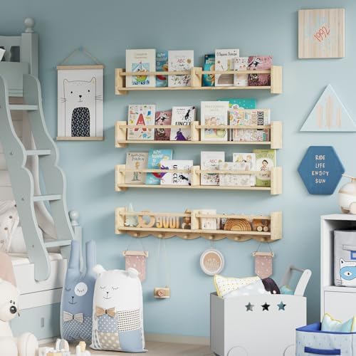 34 Inch Floating Bookshelf with 6 Hooks and Storage