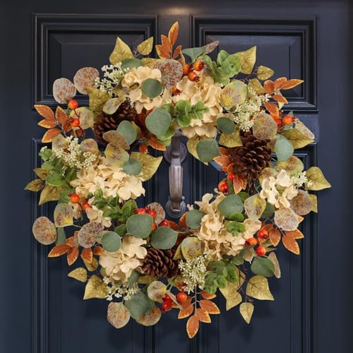 22 Inch Fall Hydrangea Wreath with Eucalyptus Pinecones Orange Berries