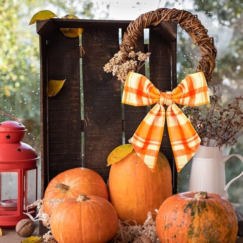 WATINC Autumn Orange Wreath Sash - 2pcs Fall Buffalo Check DIY Front Door Accessory