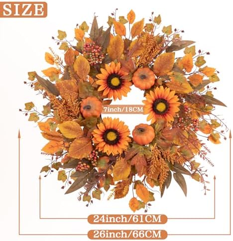 24 Inch Fall Wreath with Sunflowers and Pumpkins
