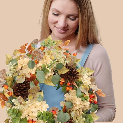 22 Inch Fall Hydrangea Wreath with Eucalyptus Pinecones Orange Berries