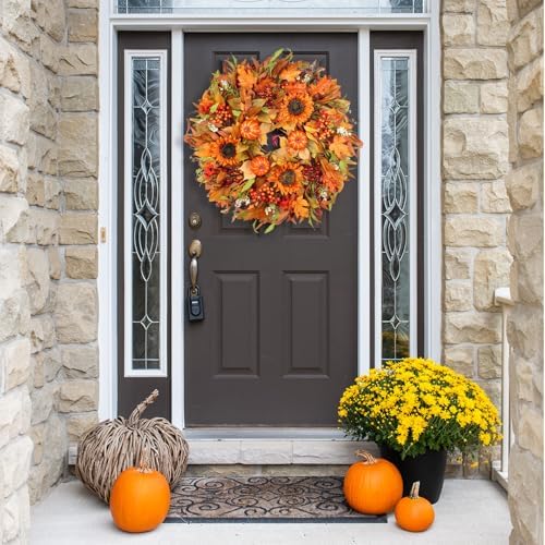24 Inch Fall Wreath for Front Door Autumn Decor with Pumpkins Sunflowers Daisies Berries