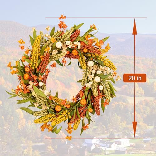 20 Inch Fall Wreath with Pumpkins Grain Ears Foliage