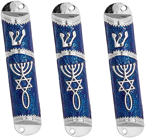 Set of 3 Enamel Door Mezuzah Scroll Cases with Messianic Symbols in Blue and Silver
