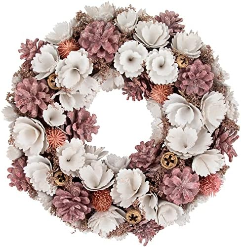 Northlight 13 Inch White Pink Wooden Floral Christmas Wreath with Pinecones