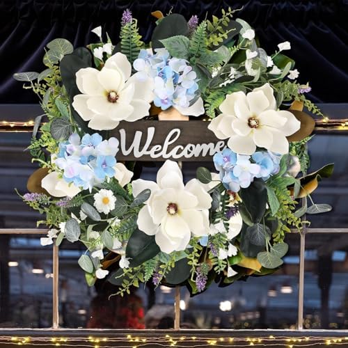 24 Inch Artificial White Magnolia Wreath for Front Door