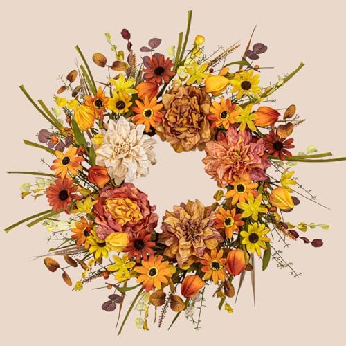 FloralElegance 22 Inch Fall Wreath with Five Dahlias