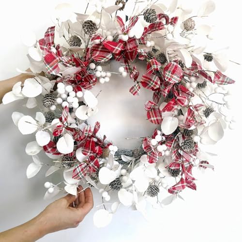 20 Inch White Eucalyptus Wreath with Red Plaid Leaves for Christmas and Winter Decor