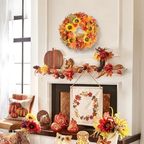 23 Inch Fall Wreath with Pumpkins Sunflowers Daisies and Maple Leaves