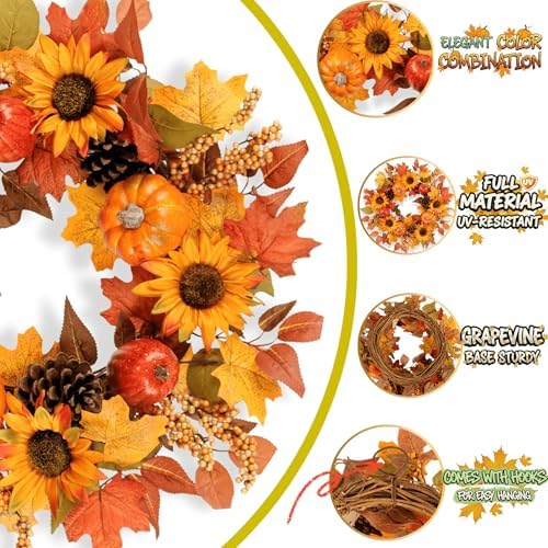 Pudate 22 Inch Fall Wreath with Sunflowers Pumpkins Pinecones Berries