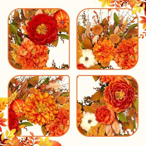 ICX 24-26 Inch Fall Wreath with Pumpkin Peonies Hydrangea