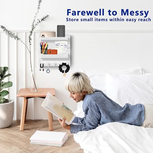 Epritliber Floating Bedside Shelf Organizer - 5 Hooks and Cable Clips - 9x94 Inch - White